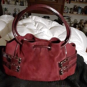 Cole Hann Burgundy Suede Patent Leather Satchel Shoulder Bag